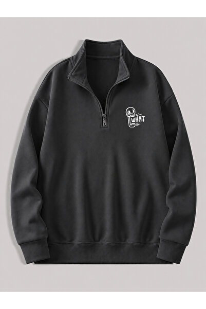 ZİYMO Men's Standing Collar Zippered Printed Oversized Sweatshirt