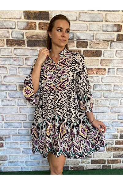 AGORATEKSTİL Women's Patterned Pompom Three Quarter Sleeve Viscose Fabric Dre...