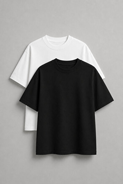 Noctilupus Premium 2’li Siyah Beyaz Oversize Basic T-Shirt Seti