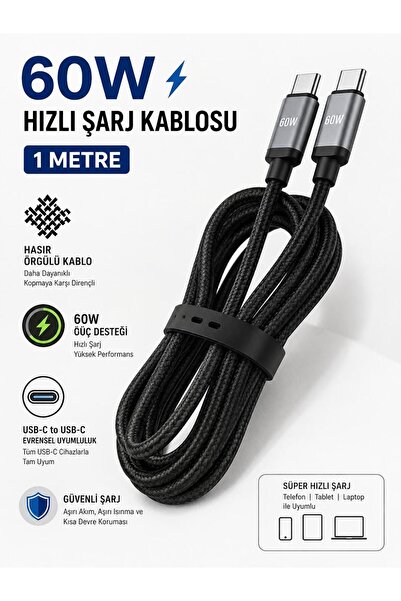 one depot only for quality life 60W Type-C to Type-C Hızlı Şarj Kablosu 1 Metre Hasır Örgülü PD Hızlı Şarj Uyumlu