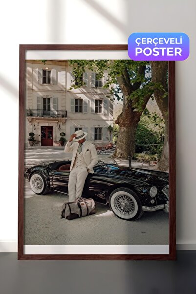 Postifull Poster sa klasičnim automobilom i čovekom, poster u smeđem okviru, ...