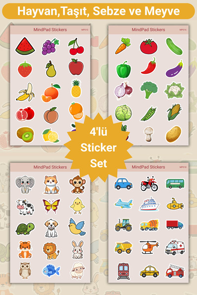Mindpad 4'lü Karma Sticker Seti – Hayvanlar, Taşıtlar, Meyve ve Sebzeler – Aj...