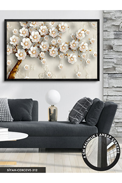 Evinemoda Gold Yapraklı Çiçekli Ağaç Tek Parça Siyah Çerçeveli Kanvas - Canva...