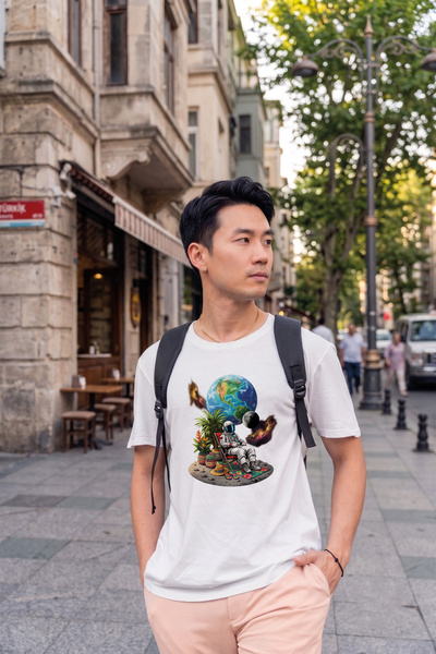 BAGAND Men's Oversize Astronaut and Earth Printed White T-Shirt Space Themed ...