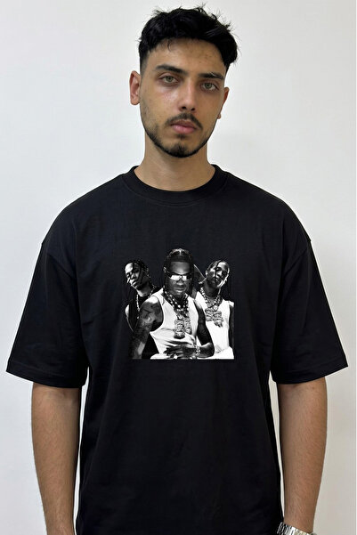 Anetos Travis Scott_107 Design Printed Oversize Black T-Shirt