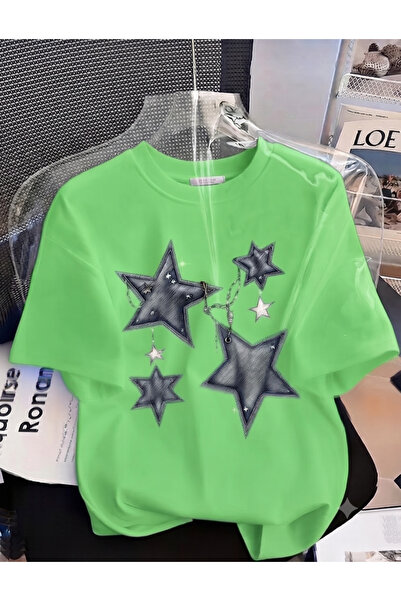 KOZAİ OUTDOORS Women's Oversize Crew Neck / Chain 4 Star Printed Combed Cotto...