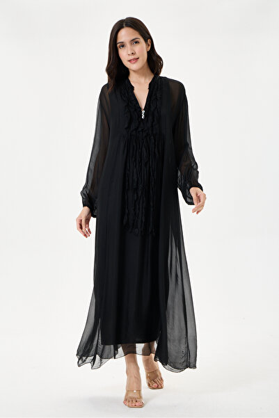 della moor Black Italian Collar Ruffle Half Placket Buttoned Collar Lined Lon...