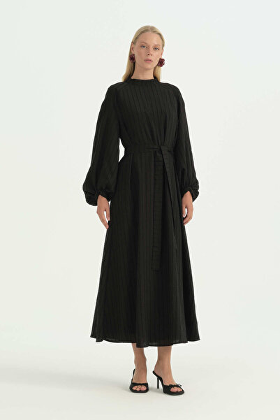 Nihan Balloon Sleeve Belted Brode Dress - Black