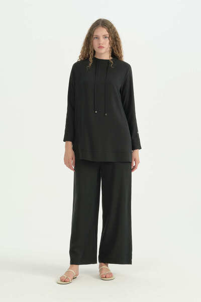 Nihan Sleeve Detailed Lyocell Trousers Tunic Set - Black