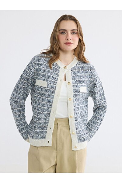 LC Waikiki Lcwaikiki Classic Blue Crew Neck Patterned Women's Knitwear Cardigan