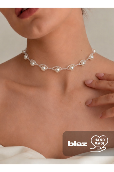 Handmade Özel Tasarım Romantik İnci Örgü Choker Kolye Ayarlanabilir Çelik Bla...