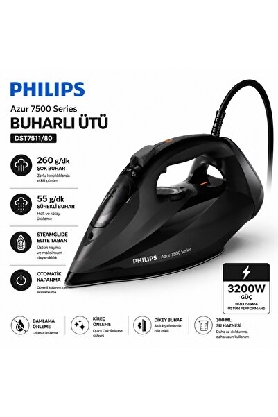 Philips 7500 Serisi Azur Buharlı Ütü, 3200W, 260 g'a kadar Turbo Şok Buhar, D...