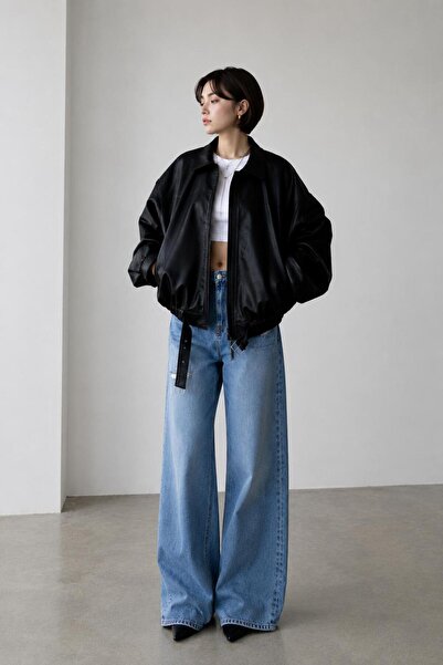 Avakado Faux Leather Balloon Jacket with Belt Detail