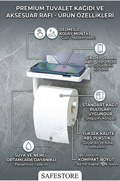 safestore Toilet Paper Holder with Adhesive Shelf and Smartphone Stand Bathro...