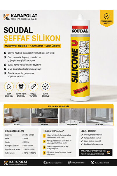KARAPOLAT Soudal Şeffaf Silikon 280 ml Nötr Sanitari Silikon Banyo Mutfak Cam...