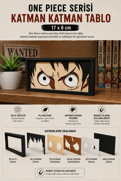FigurBende Monkey D. Luffy - One Piece Serisi Katman Katman 3D Tablo – 17x8 c...
