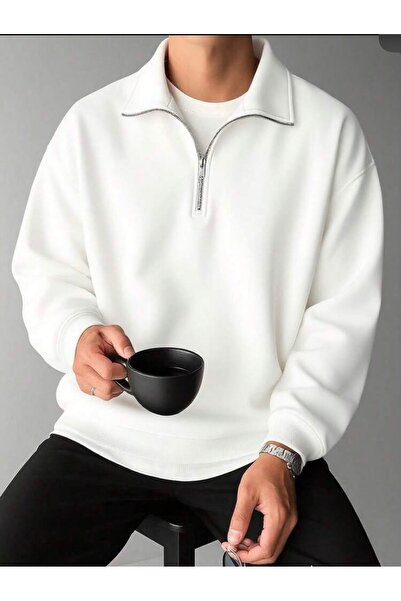 FS CABİN Uunisex Oversize Relaxed Fit Cotton Fleece Inside Half Zipper Black ...
