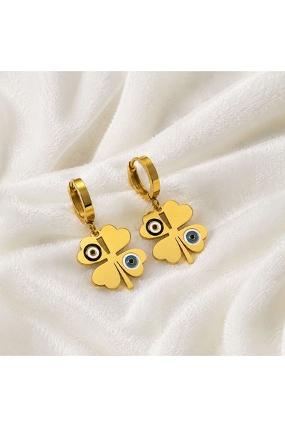 yes ticaret Steel Evil Eye Beaded Four-Leaf Clover Dangle Gold Women's Earrings