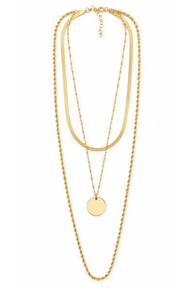 POSEİDONS JEWELLERY 3’lü Katmanlı Gold Renk Madalyon Uçlu Paslanmaz Çelik Kad...