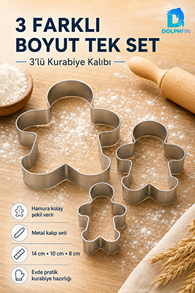 DolphFin 3-Piece Metal Cookie Mold Set with Man Figure 14-10-8 cm Stainless C...