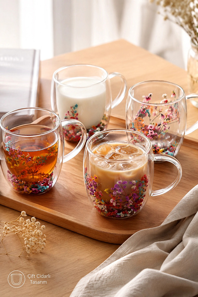 Tilbe Home 4lü Çift Cidarlı Çiçekli Bardak Seti 250 ml Kulplu Borosilikat Cam Kahve Çay Sunum Bardağı Kupa