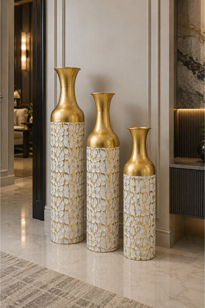 MİS KİTCHEN Floransa Gold Blanc 3’lü Dekoratif Yer Vazosu Seti Büyük Boy Gold...