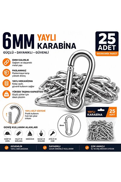 Trendhane 6 mm Yaylı Karabina 25 Adet – Paslanmaz Metal Klips Karabina Kanca,...