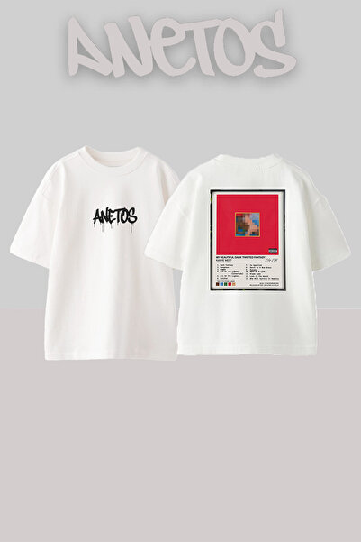 Anetos تي شيرت أبيض كبير الحجم مطبوع بتصميم MBDTF من كاني ويست للجنسين