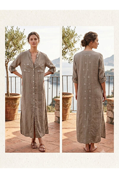 yusracollectionn Italian Linen Embroidered Long Shirt Dress - Authentic Flora...