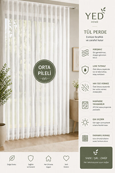 YED Premium Ekru Düz Tül Perde Kırışmaz Hav Toz Vermez (Orta Pile)