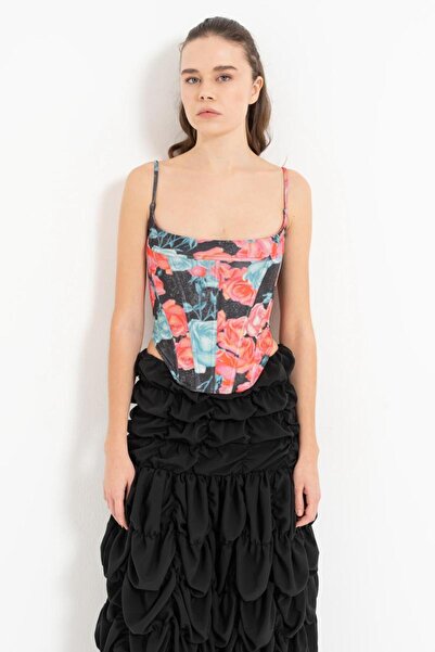 Kikiriki Çiçekli Arkası İp Bağcıklı Korse Büstiyer Crop Top