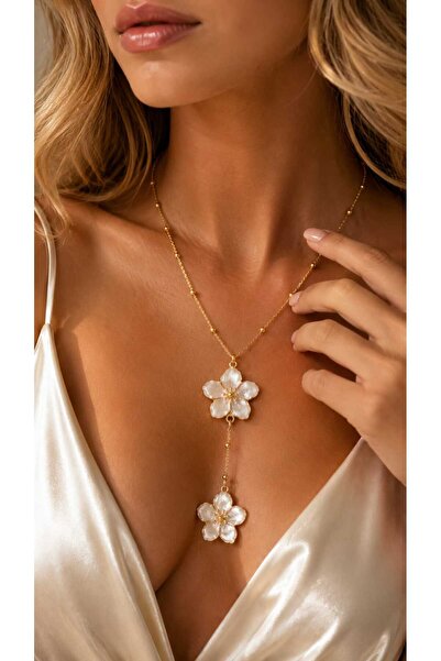 invictus design Kadın Gold Beyaz Ekru Sedefli Çiçek Figürlü Mineli Y Model Kolye
