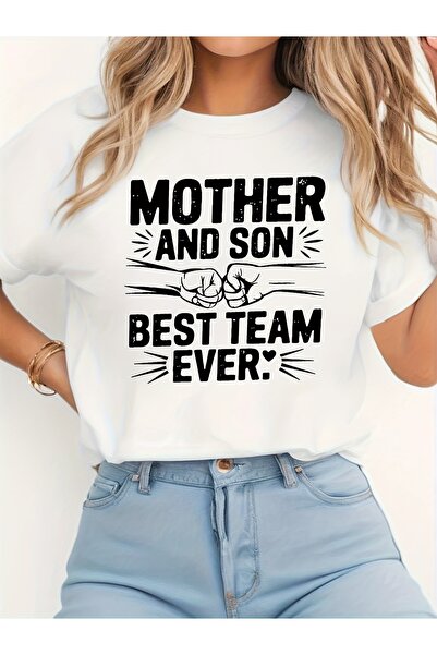 NOURAM تي شيرت مطبوع عليه عبارة "MOTHER AND SON BEST TEAM EVER" بأكمام قصيرة ...