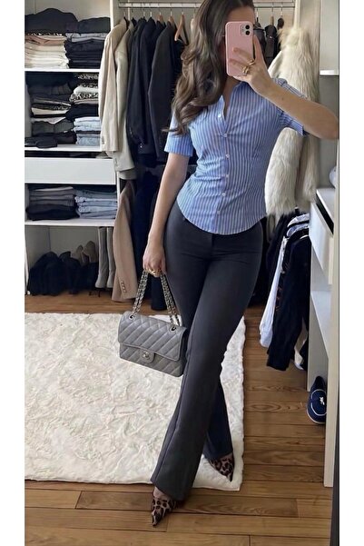 fiabafashion KISA KOL BEL OTURMALI ÇİZGİLİ GÖMLEK