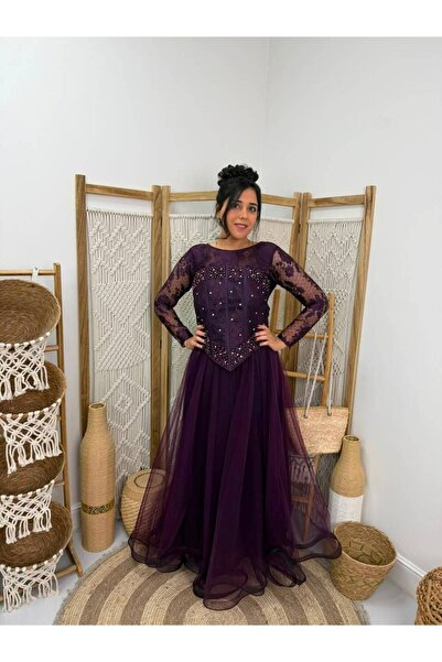 Nice Model Purple Long Lace and Tulle Evening Gown with Embroidered Bodice