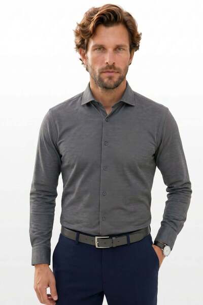 Tudors Men's Regular Fit Classic Cut Cotton Easy Ironing Dobby Gray Shirt