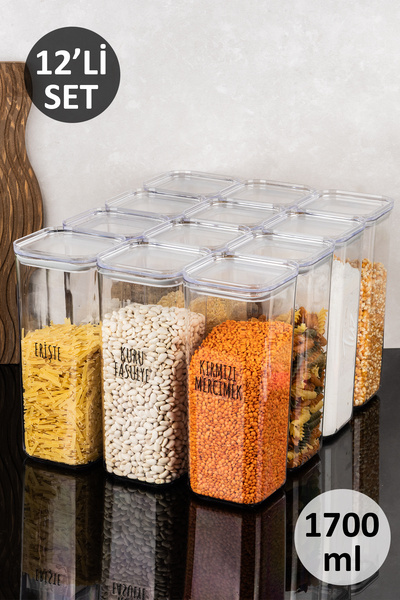 Dolkin Home 12-Piece 1700 ml Food Set Mica Bakliyat Box Set Transparent Labeled Food Storage Container