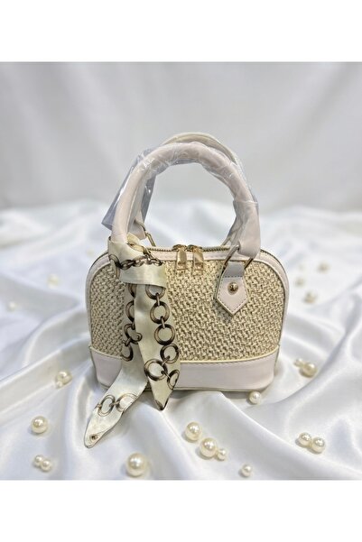 AVIVA Scarf Detailed Straw & Leather Combination Women's Shoulder Bag