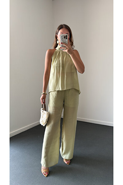 Narferita Riven Halter Yaka Bluz Ve Dökümlü Pantolon Takım