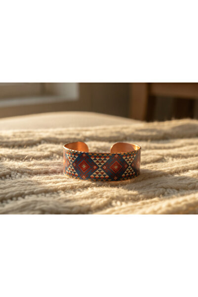 Erol Bakır Copper Blue Caucasian Kilim Patterned Wide Adjustable Clamp Bracel...