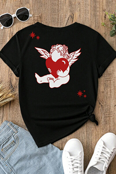 Spoyi Angel Heart Design 100% Cotton Half Oversize Black T-Shirt