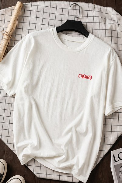 Spoyi Cherry Dream Design 100% Cotton Half Oversize White T-Shirt