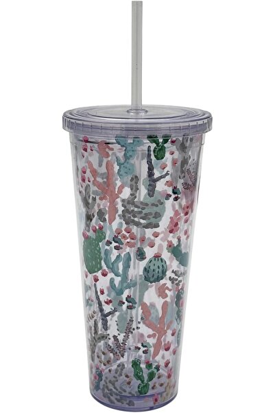 B&D Double Wall Cup, 760 ml, Cactus Pattern Design, Transparent with Straw, B...