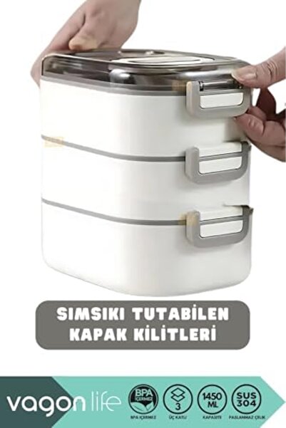 Yıldızan tua shop 1450ml Lunchbox Üç Katlı 5 Bölmeli ve Mini Sosluklu Çelik S...