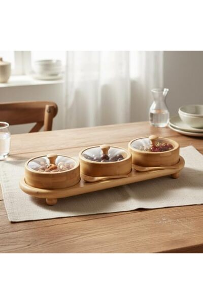 Yıldızan Msa Shop Bamboo Tray 3-Piece Glass Snack and Breakfast Set - with Li...