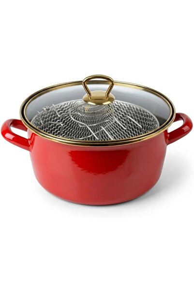 Yıldızan Tua Shop 22 cm Red Enamel Frying Pan - Practical Frying Set with Gla...