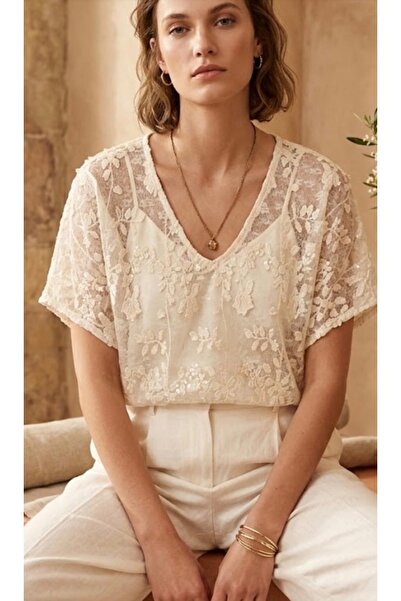 Bebeplus Women's V-Neck Floral Print Lace Blouse Short Sleeve Unlined Stylish...