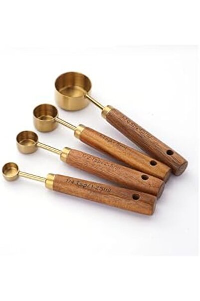 Yıldızan Msa Shop 4 Piece Bamboo Handle Measuring Spoon Set, Gold Color, Stai...