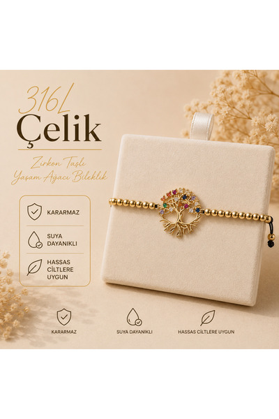 Oshiaz 316L Çelik Zirkon Taşlı Yaşam Ağacı Bileklik