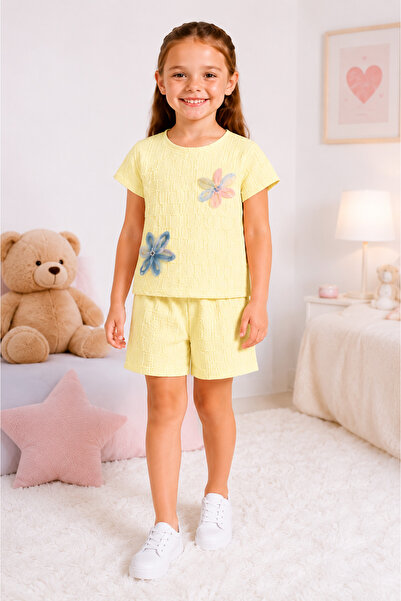 DUBAİ ÇOCUK Girl's 2-Piece Shorts Set Summer Short-Sleeved T-Shirt Elastic Wa...